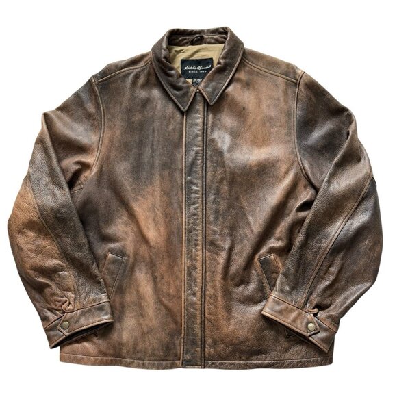 Eddie Bauer Genuine Leather Jacket Men's XXL 2XL Tall Brown Distressed Patina